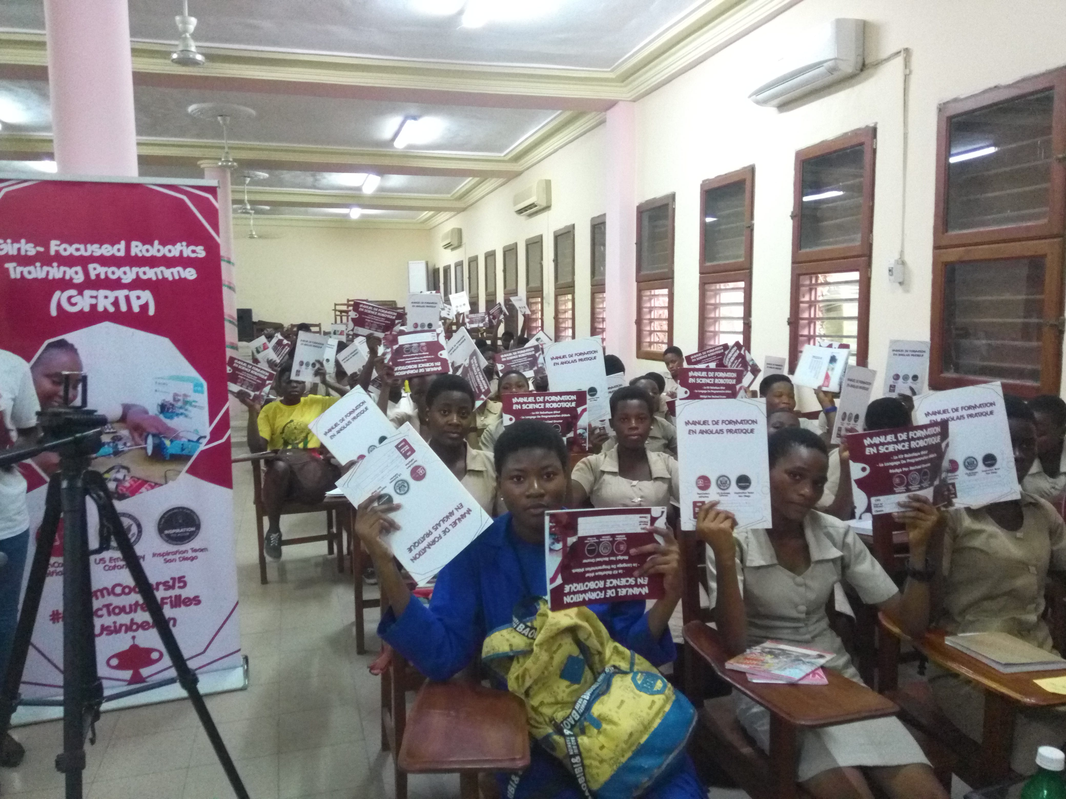 A classroom of students taking part in a FemCoders Robotics programme